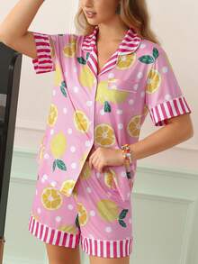 Chillnights Conjunto de pijama para mujer con cuello de solapa, botones delanteros y estampado vibrante y divertido de lunares y rayas de limón, estilo joven y de moda - Rosa - Ver 3
