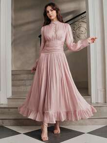 Anewsta Women's Autumn/Winter French Elegant Vintage Court Style Stand Collar Button-Up Pleated Cinched Waist Full Skirt Dress - Pink - View 5