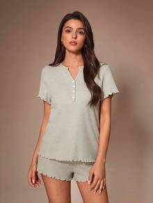 Lazeform Women's Fitted Ribbed V-Neck Button Decor Short Sleeve Shorts Loungewear Set - Khaki - View 1