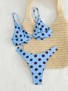 SHEIN Swim 女款夏季海灘波點印花性感時尚比基尼兩件式泳衣套裝 - 藍色 - 查看 2