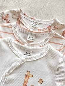 SHEIN Vintaside Kids 新生兒春秋款白色純色交叉前襟舒適可愛趣味優雅極簡時尚長袖彈性連身衣多件套裝 - 彩色 - 查看 6
