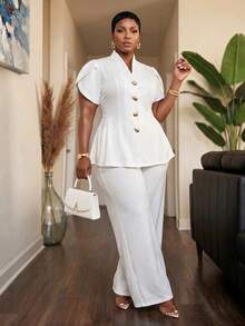 Slaydiva Early Autumn New Arrival Elegant White Fitted Short Sleeve Petal Waist-Cinching A-Line Blazer With Metal Button Decor And Matching Extra Long Pants Women's Plus Size Suit Set For Concert, Party, Wedding Season, Cocktail, Date, Birthday Gathering - White - View 7