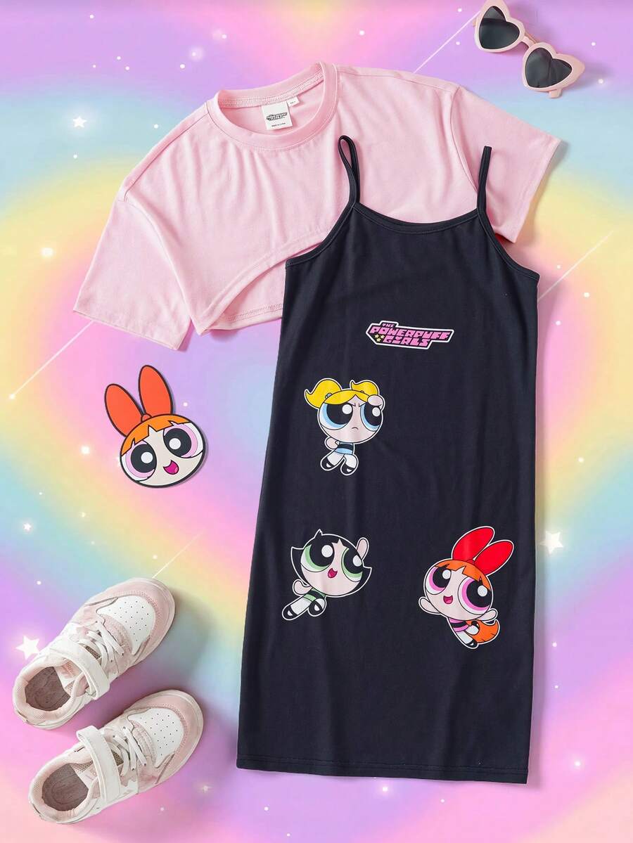 THE POWERPUFF GIRLS X SHEIN Gaun Anak Perempuan Remaja Motif Kartun Huruf dengan Tali Bahu Tipis dan Atasan Leher Bulat Warna Polos, Cocok untuk Musim Panas - MultiWarna - View 1