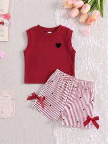 SHEIN Playful Pals 女嬰夏季杏色豹紋套裝 紋理無袖上衣 豹紋短褲 飾杏色蝴蝶結 日常出遊必備 - 酒紅色 - 查看 3