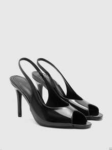 CUCCOO BIZCHIC Spring And Summer Women Open-Toed Slingback Patent Leather Small Square Toe Open Toe Stilettos - Black - View 6