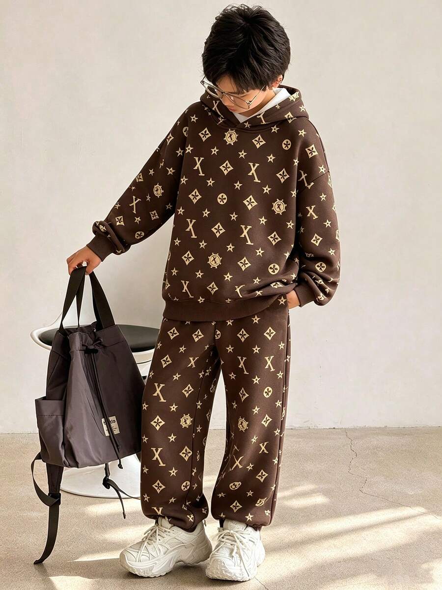 SHEIN 2pcs Tween Boy Cool Letter Cool Boy Fashion Print Hoodie & Sweatpants Set, Suitable For Holiday Party, Spring Autumn Winter, Comfortable And Casual, First Choice For Spring Autumn, Streetwear, Casual Outfits, Back To School Party, Suitable - Multicolor - View 1