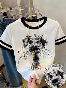 青少年女孩休閒極簡個性化手繪小狗圖案，黑白配色拼接，修身圓領短袖高腰短版常規T恤，適合夏季，可愛，上衣，舒適，夏季，小狗主題 - 彩色 - 查看 1