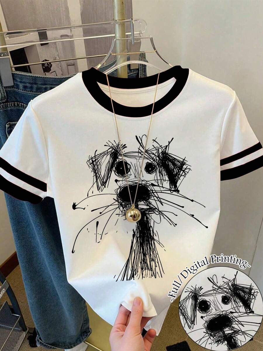 青少年女孩休閒極簡個性化手繪小狗圖案,黑白配色拼接,修身圓領短袖高腰短版常規T恤,適合夏季,可愛,上衣,舒適,夏季,小狗主題 - 彩色 - 查看 1