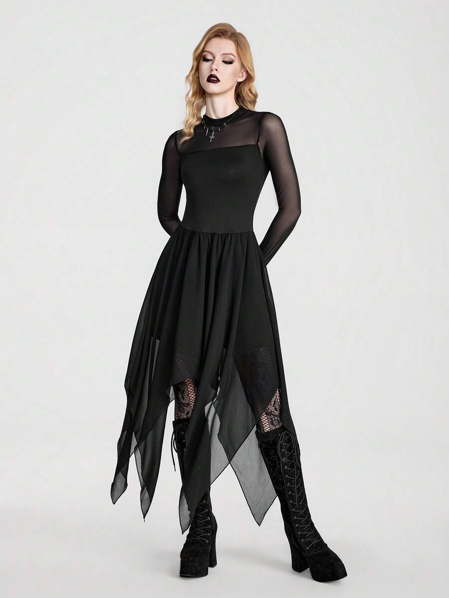 Breakform Gothic Halloween Sexy Sheer-Panel Asymmetric Stretch Dress – A Classic, Slimming, Versatile Mock-Neck Dress For The Dark, Cool Girl Aesthetic - Black - View 1