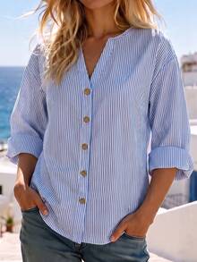 Balvessa Women's Elegant Blue And White Striped Single-Button Long-Sleeved Blouse, Suitable For Beach, Vacation And Party Occasions - Blue - View 8