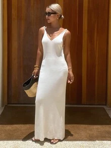 Livesso Tall Women's Long Knit Spaghetti Strap Dress, Vacation Style Autumn Brunch White Minimalist Modest - White - View 3