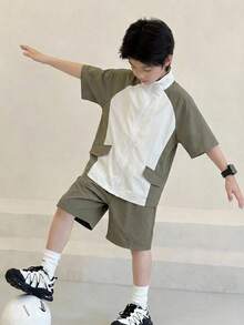 SHEIN Little Byeori 男童舒适日常宽松韩版时尚条纹衬衫配撞色短裤套装（2件套），适合春夏季节日常穿着、运动、郊游、上学、聚会、节日、拍照、返校季等场合。 - 軍綠色 - 查看 4