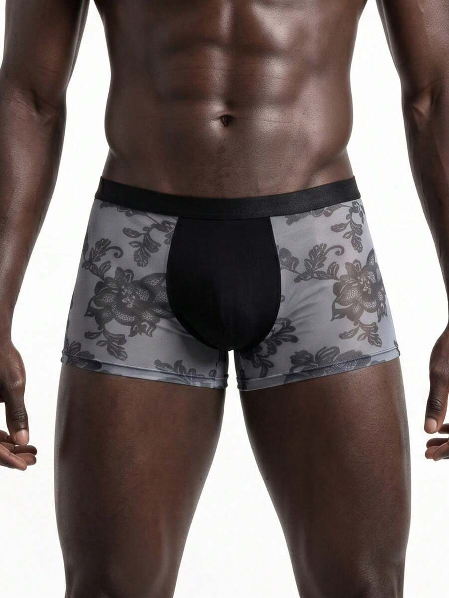 Rest Era Men's Boxer Briefs Snake Floral Sheer Mesh Sexy See-Through Underwear 1pc - Grey - View 1
