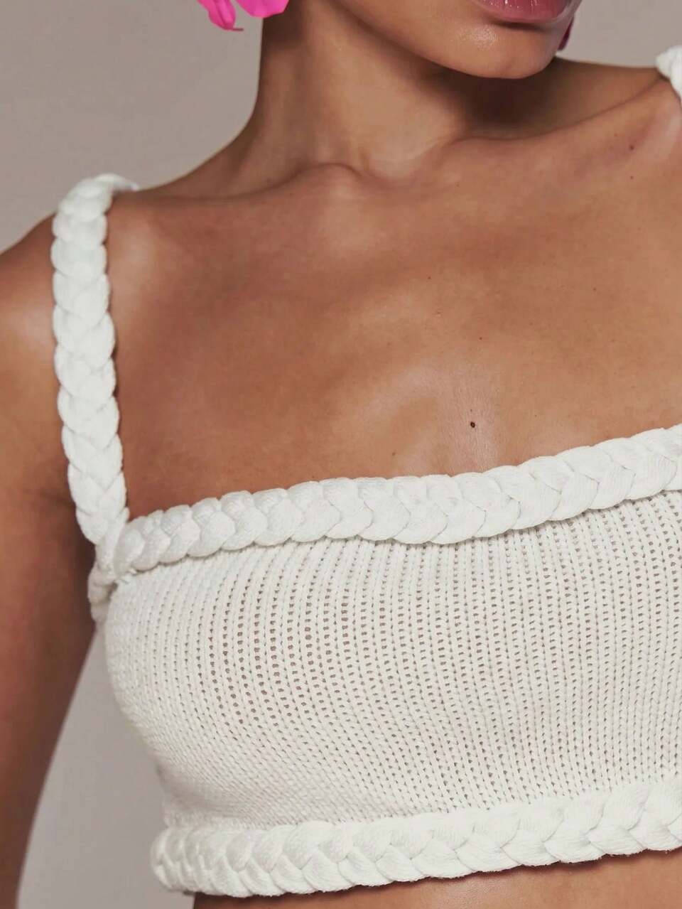 Braid Detail Crop Top Chunky Open Knit Top Only Spring Summer Vacation Holiday Ibiza Boho Minimalist Elegant Casual Girly Feminine Social White