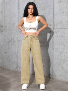 Jeanoix 女款休閒百搭牛仔褲，附口袋與鈕扣設計，適合日常穿著 - 卡其色 - 查看 3