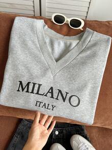Comfortcana Casual Soft Form Traditional Minimalist Plus Size V-Neck Loose Sweatshirt Suitable For Autumn/Winter Back-To-School Vacation Date Dates Night Black - Grey - View 6