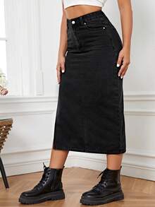 Flexra Plus Size Side Slit Denim Skirt Formal Date Night Black Autumn Casual 1960s - Black - View 3