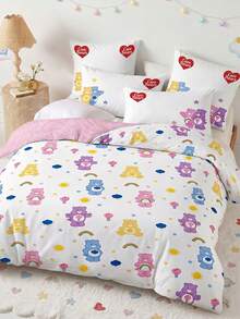 SHEIN X Care Bears 3件組卡通動畫雙面印花被套組，磨毛材質，柔軟保暖，多尺寸可選，適用單人床/雙人床/Queen床/King床，可機洗 - 多色1 - 查看 2