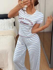 Napfluff Letter Print Blue & White Striped Casual Pajama Set, Comfortable Home Short Sleeve 2 Pieces Set - Blue - View 4