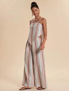 Travachic Vacation Striped Asymmetrical Hem Cami Top And Loose Long Pants 2 Pieces Set - Multicolor - View 3