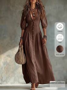 Glimmora Women's Fashion Solid Color Deep V-Neck Single-Breasted 3/4 Sleeve Long Dress - Coffee Brown - View 1