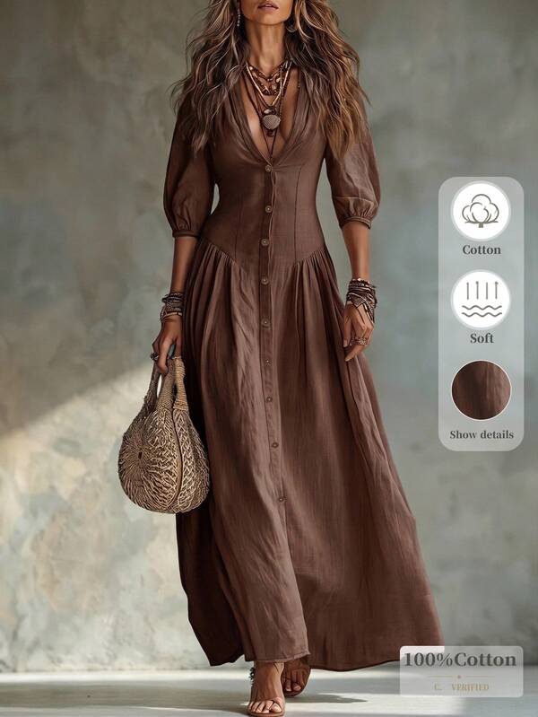 Glimmora Women's Fashion Solid Color Deep V-Neck Single-Breasted 3/4 Sleeve Long Dress