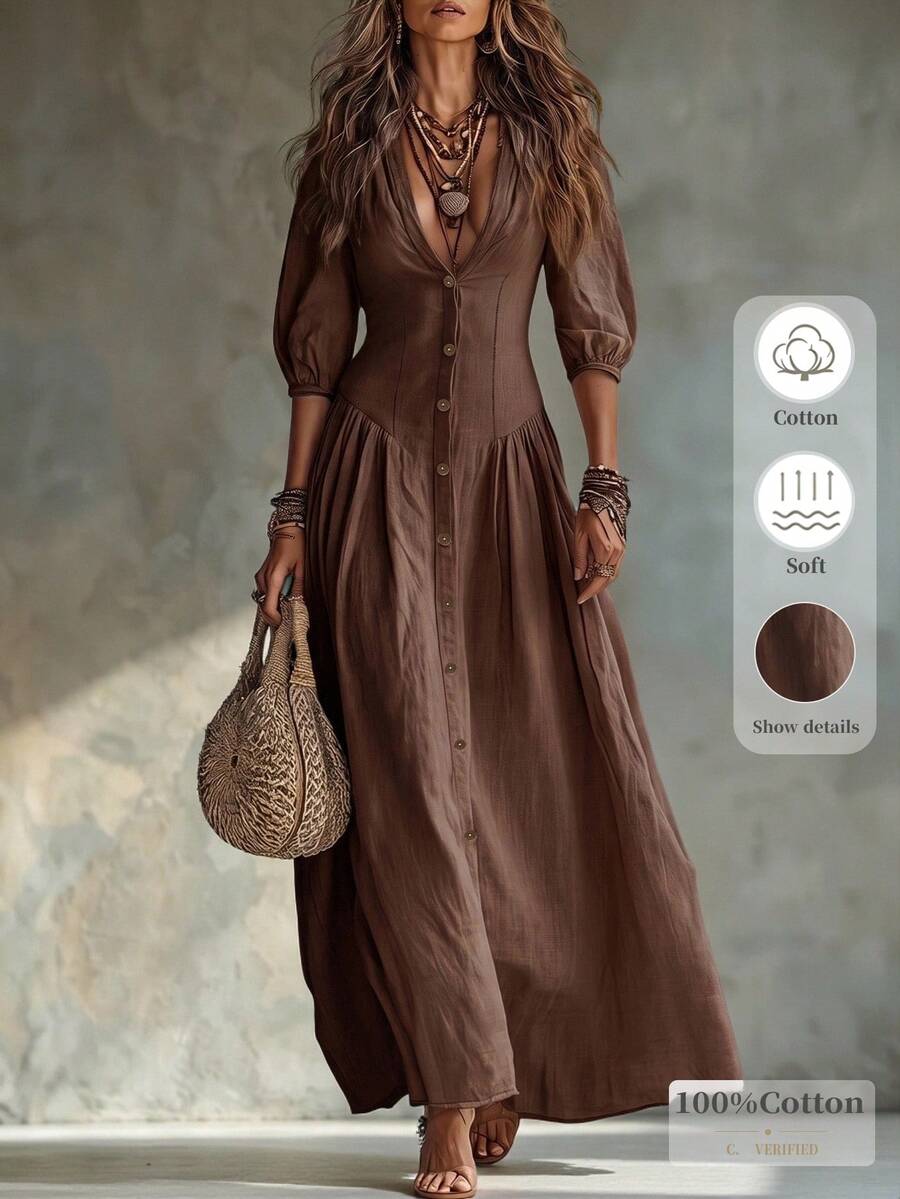 Glimmora Women's Fashion Solid Color Deep V-Neck Single-Breasted 3/4 Sleeve Long Dress - Coffee Brown - View 1