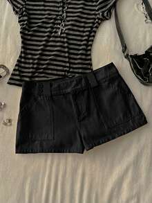 Attitoon Women's Casual Retro Ultra Low-Waist Cargo Mini Shorts, Suitable For Y2K - Black - View 2