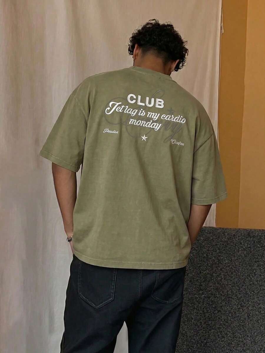 SWAVVY 男士休闲标准尺码宽松白色短袖T恤,前后均有印花刺绣 - 綠色 - 查看 1