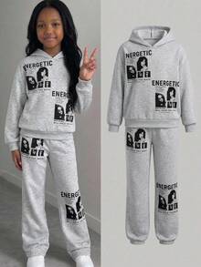SHEIN 带有肖像和口号图案印花的 Tween Girls 宽松连帽衫和运动裤套装 - 灰色 - 查看 6