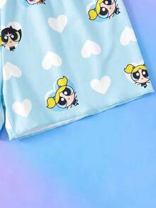 THE POWERPUFF GIRLS X SHEIN 少女卡通印花圓領短袖上衣與短褲休閒日常居家睡衣套裝 - 淺藍色 - 查看 5