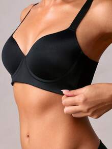 Veilyse Sujetador de mujer simple de unicolor, delgado, sin aros, cómodo que recoge y levanta, previene el hundimiento, cobertura completa, sujetador sin costuras, lencería para el verano para el verano - Negro - Ver 8