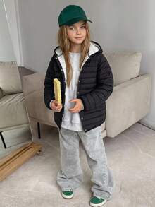 Hapijoa Tween Girl Solid Color Single-Breasted Casual Winter Padded Coat - Black - View 8