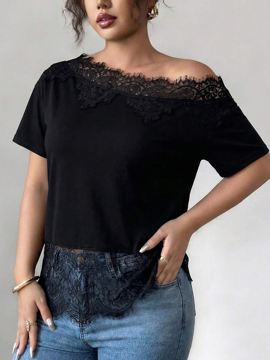 Elenzga Women's Lace Patchwork Asymmetric Shoulder Casual Versatile Daily T-Shirt - Black - View 1