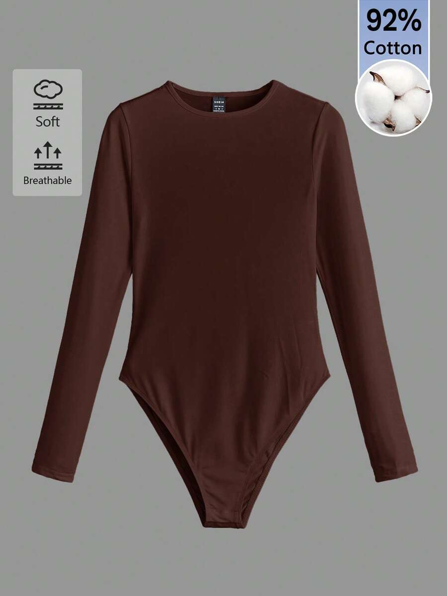 SHEIN BASICS 女款純色極簡百搭圓領長袖連身衣 - 咖啡棕 - 查看 1