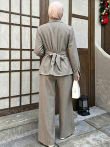 Celisse Women's Elegant 2 Pieces Set With Contrast Lace Striped Long Sleeve Shirt And Pants - Grey - View 2
