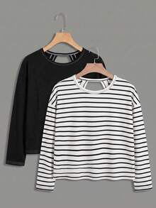 SHEIN Tween女孩秋冬兩件式休閒時尚露背交叉背後對比線條設計圓領肩縫長袖寬鬆版型T恤，返校季，親子套裝 - 黑與白 - 查看 2