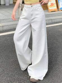 DAZY Tween Girl Casual Versatile Solid Color Wide Leg Denim Jeans - White - View 7