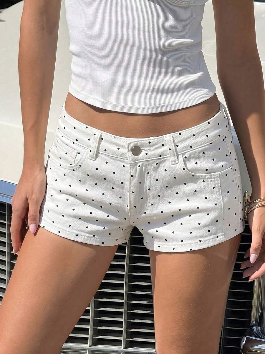 SHEIN EZwear 女款藍色條紋低腰牛仔短褲，夏季波點白色短褲，適合外出、海灘、音樂節