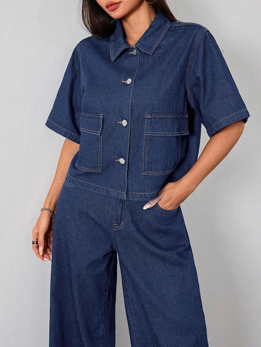 SHEIN 青少年女孩短袖單排扣工裝口袋牛仔夾克 - 深色水洗藍 - 查看 1
