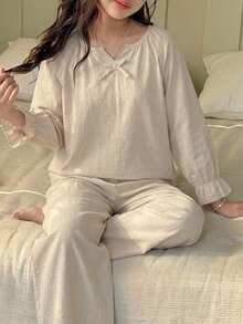 DAZY Tween女孩秋季服飾 女童 (大號) 圓領針織印花短袖T恤 + 格紋睡褲家居服套裝 - 杏色 - 查看 1