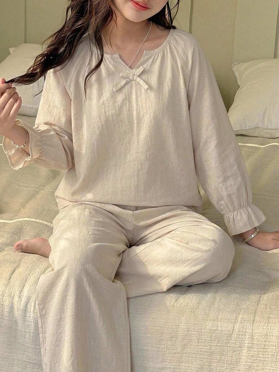 DAZY Tween女孩秋季服飾 女童 (大號) 圓領針織印花短袖T恤 + 格紋睡褲家居服套裝 - 杏色 - 查看 1