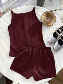 Conjunto de Top de Tirantes con Hebilla de Metal & Shorts para Niña Preadolescente - Burdeos - Ver 2