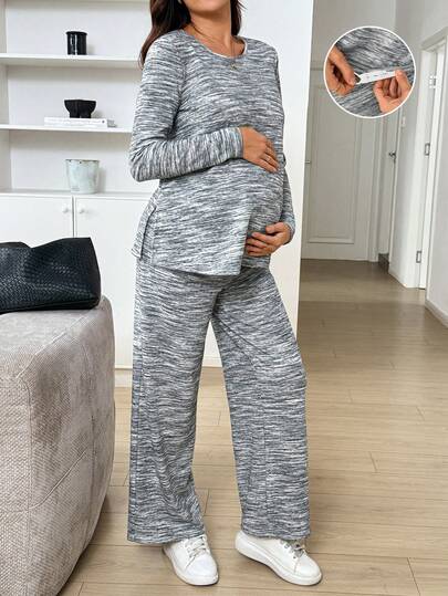 SHEIN Maternity Crew Neck Long Sleeve Top And Adjustable Waist Long Pants Casual Daily 2 Pieces Set