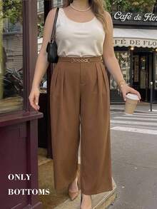 SHEIN MOD Plus Size Brown Elegant Casual Commuter Wide Leg Suit Pants Metal Chain Decor Long Urban Modern Office Formal Workwear Young Lady Summer - Rust Brown - View 9