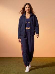 CAJUNI Women's Fashionable Versatile Striped Contrast Color Drawstring Sports Pants, - Navy Blue - View 7