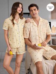 CoupledUp Men's Casual Bubble Crinkle Plaid Lemon Print Open Front Pajama Set - Yellow - View 1