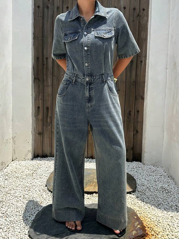 Dazy Plus Vintage Denim Spring Summer Autumn Casual Daily Commute Fashion Street Style Wide Leg Jumpsuit Plus Size Women - Medium Wash - View 7