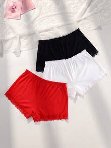 PetitDoll 3 piezas/Set de bragas informales para mujer con paneles de encaje y ribete acanalado tipo pantalón corto - Multicolor - Ver 2