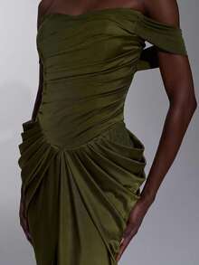Elitara Robe de soirée élégante et formelle de luxe en tricot élastique, épaules dénudées, plissée à la main, dentelle transparente à la taille, coupe moulante en forme d'éventail, fente, longueur sol, mariage, été - Vert - Voir 3